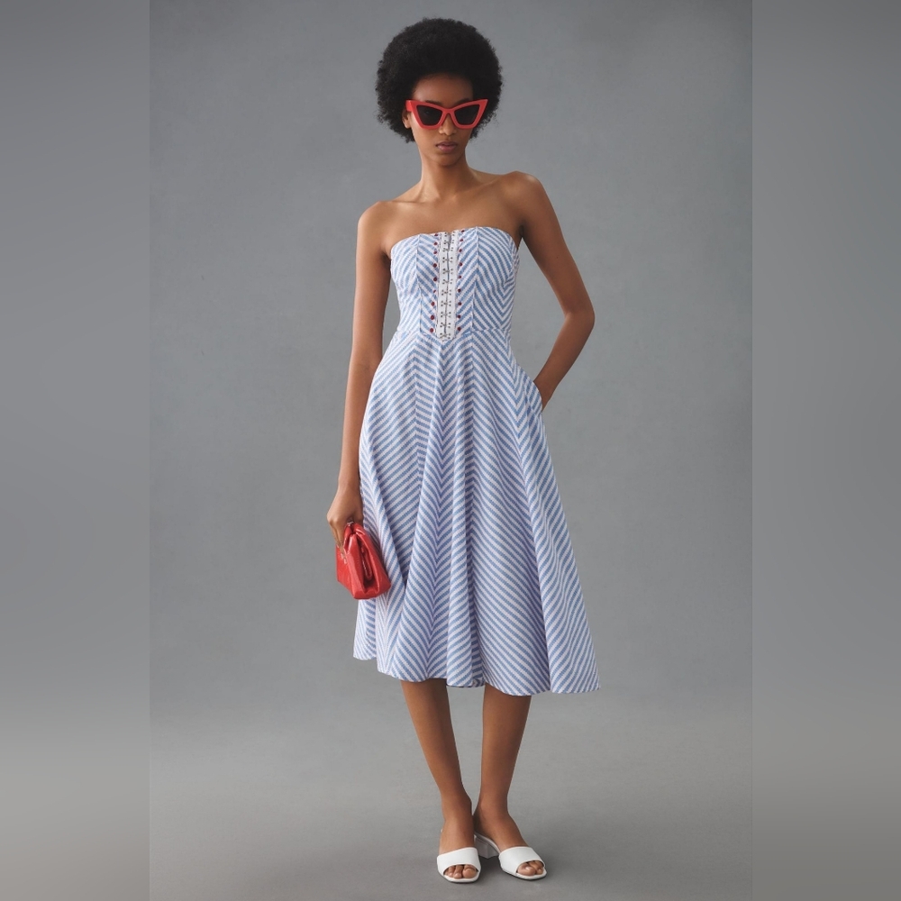 Anthropologie Maeve Strapless A-Line Midi Dress Blue White Stripe NWT Sz XS